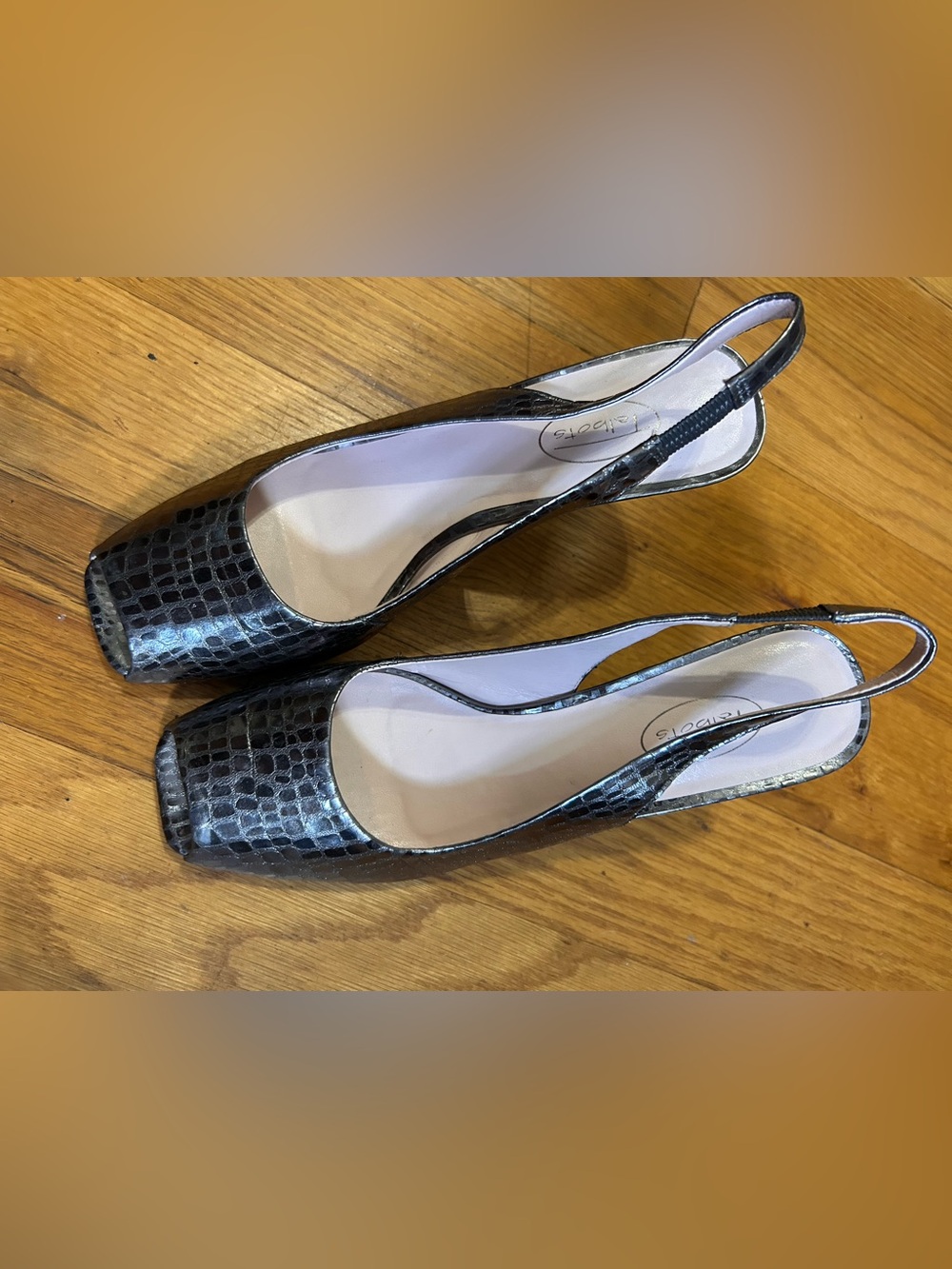 Talbots Metallic Sling Back Peep Toe Leather Wedge Sandal Croc Embossed Sz 8.5B